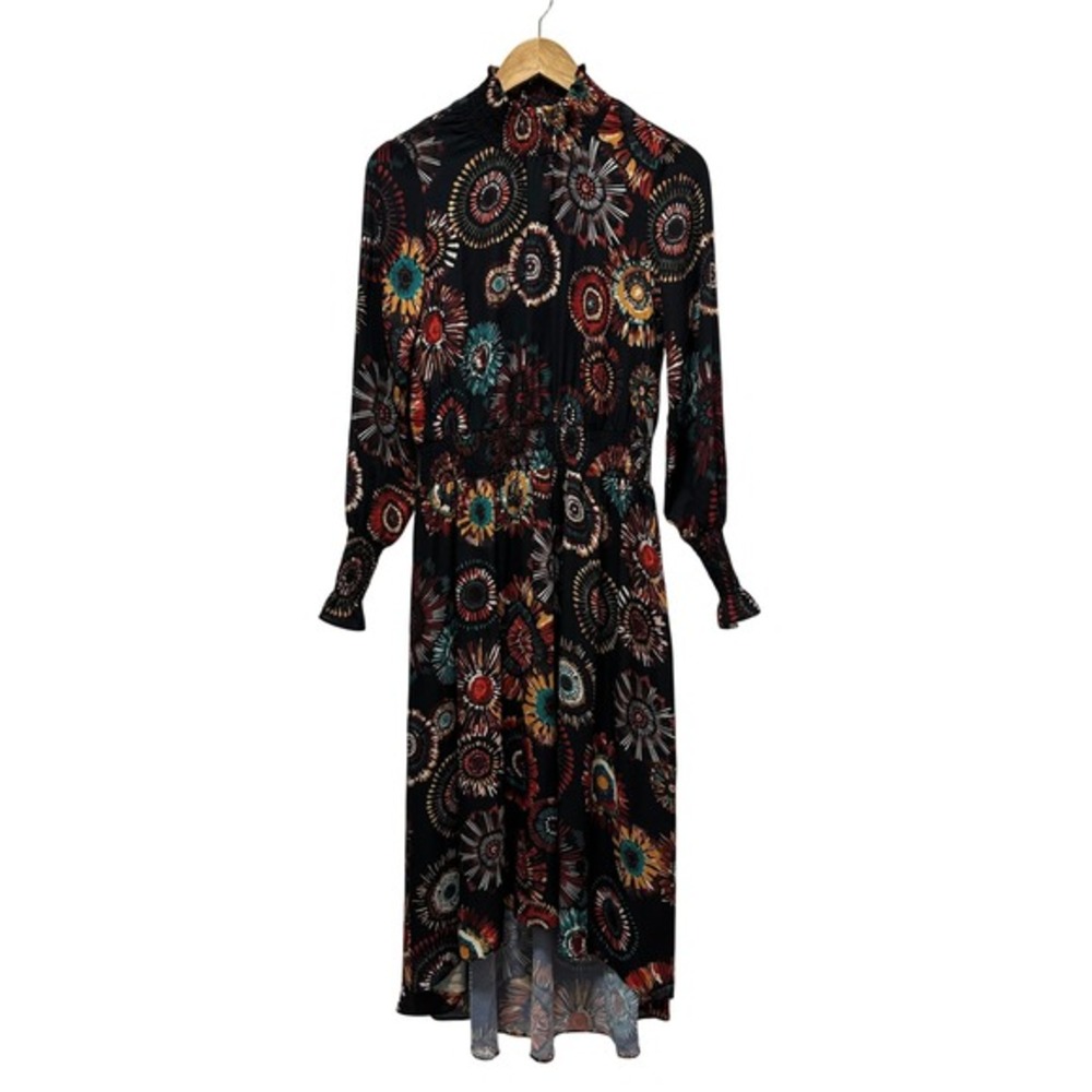 Nanette Lepore Midi Dress Womens 4 Black Medallion Sunburst Smocked High Low Hem